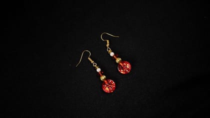 Red Button Earrings with Gold Accents