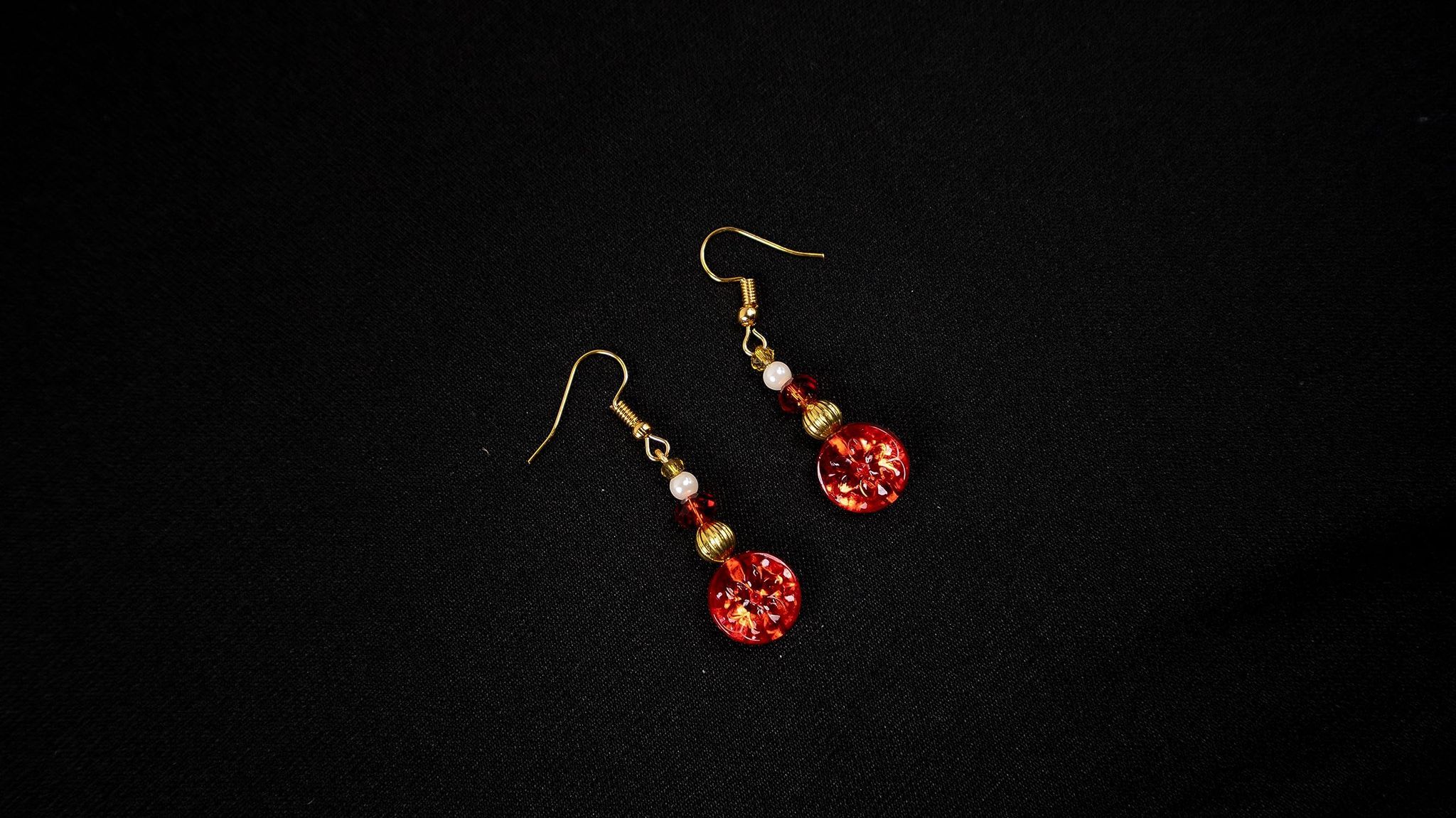 Red Button Earrings with Gold Accents