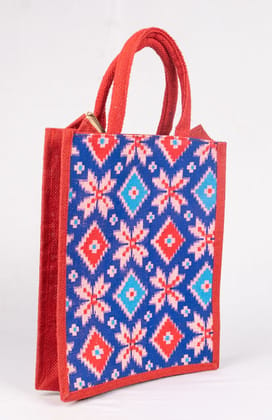 Red and Blue Handwoven Jute Tote Bag with Zipper