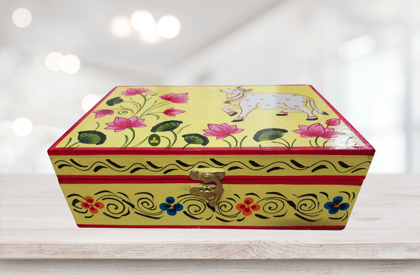 Hand Painted Pichwai Art Wooden Yellow Color Rectangle shape Storage Box