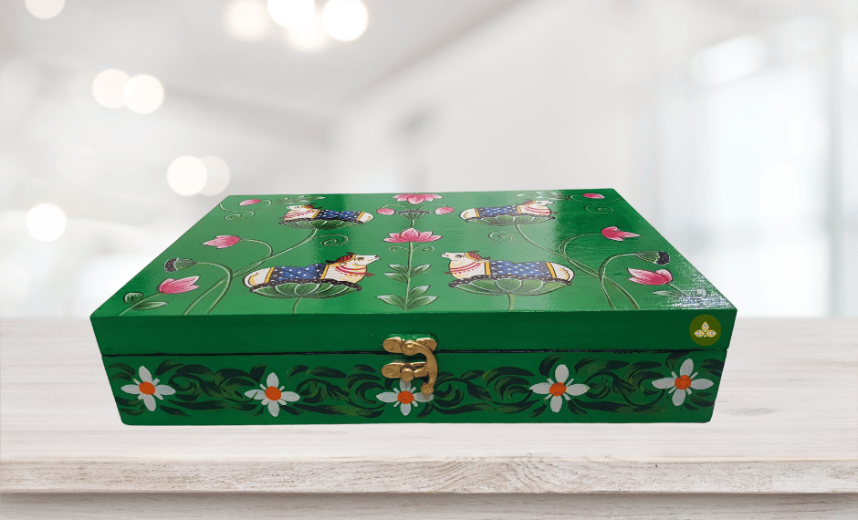 Hand Painted Pichwai Art Wooden Green Color Storage Box