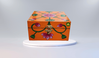 Hand Painted Pichwai Art Wooden Orange Color Square shape Storage Box