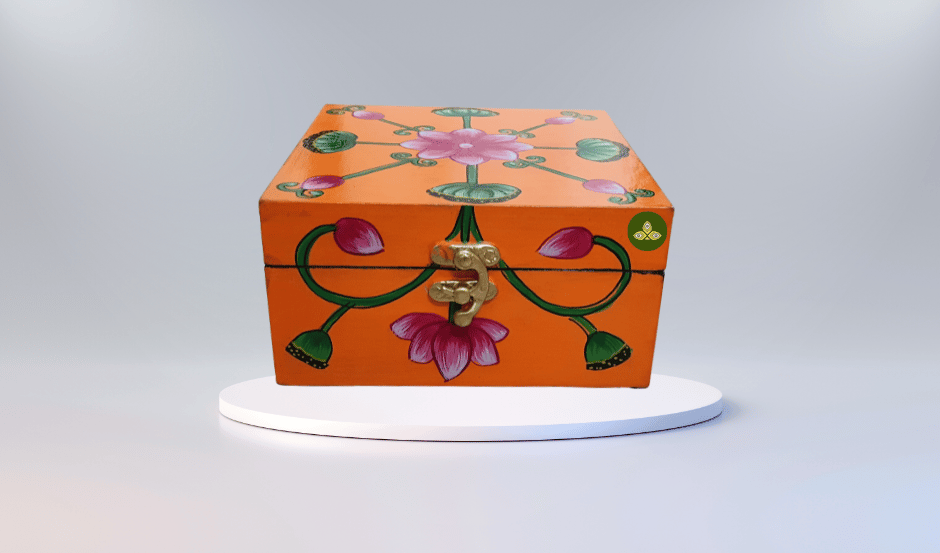 Hand Painted Pichwai Art Wooden Orange Color Square shape Storage Box