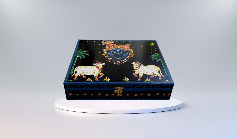 Hand Painted Shreenathji Pichwai Art Wooden Black Blue Color Storage Box