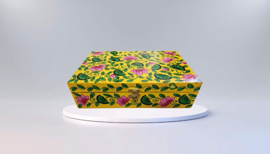 Hand Painted Pichwai Lotus Art Wooden Yellow Color Storage Box