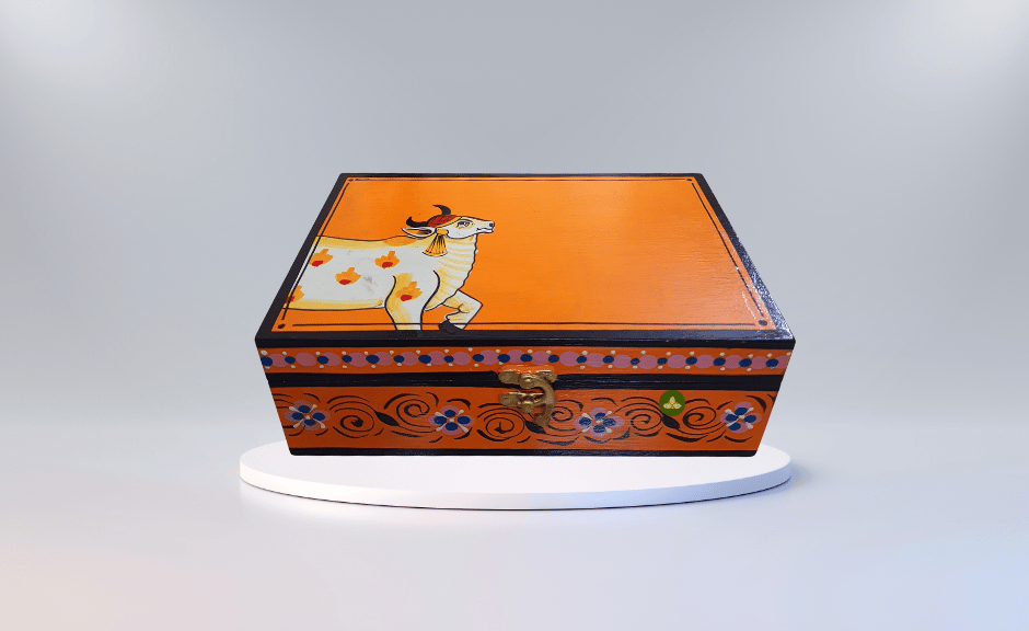 Hand Painted Pichwai Art Wooden Orange Color Storage Box