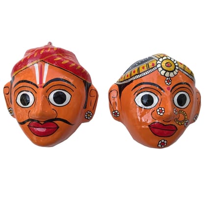 Orange Handcrafted Cheriyal Mask of a Rural Couple|Orange