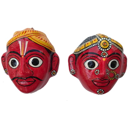 Red Handcrafted Cheriyal Mask of a Rural Couple|Red