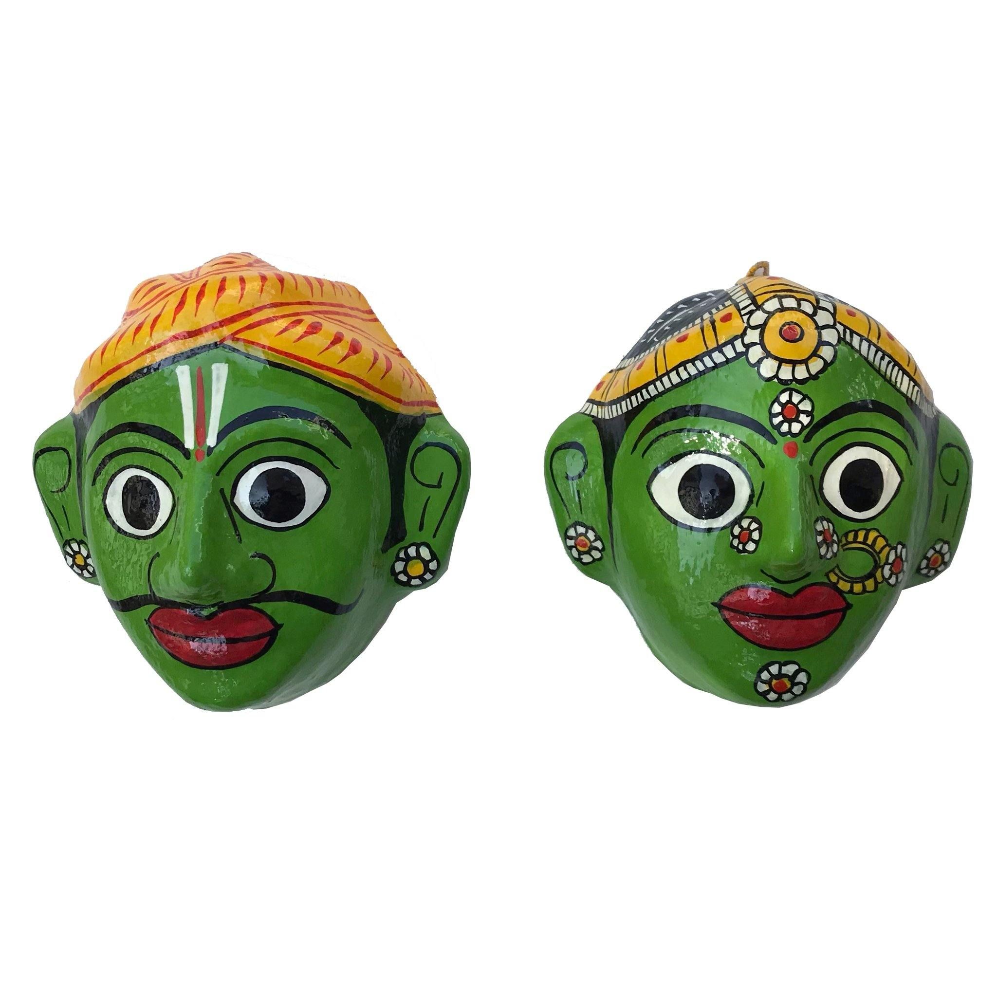 Green Handcrafted Cheriyal Mask of a Rural Couple|Green