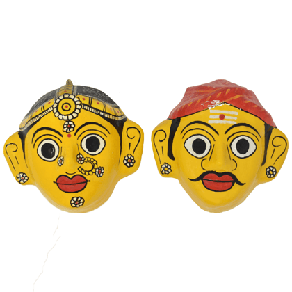 Yellow and Red Handcrafted Cheriyal Mask of a Rural Couple|Yellow and Red