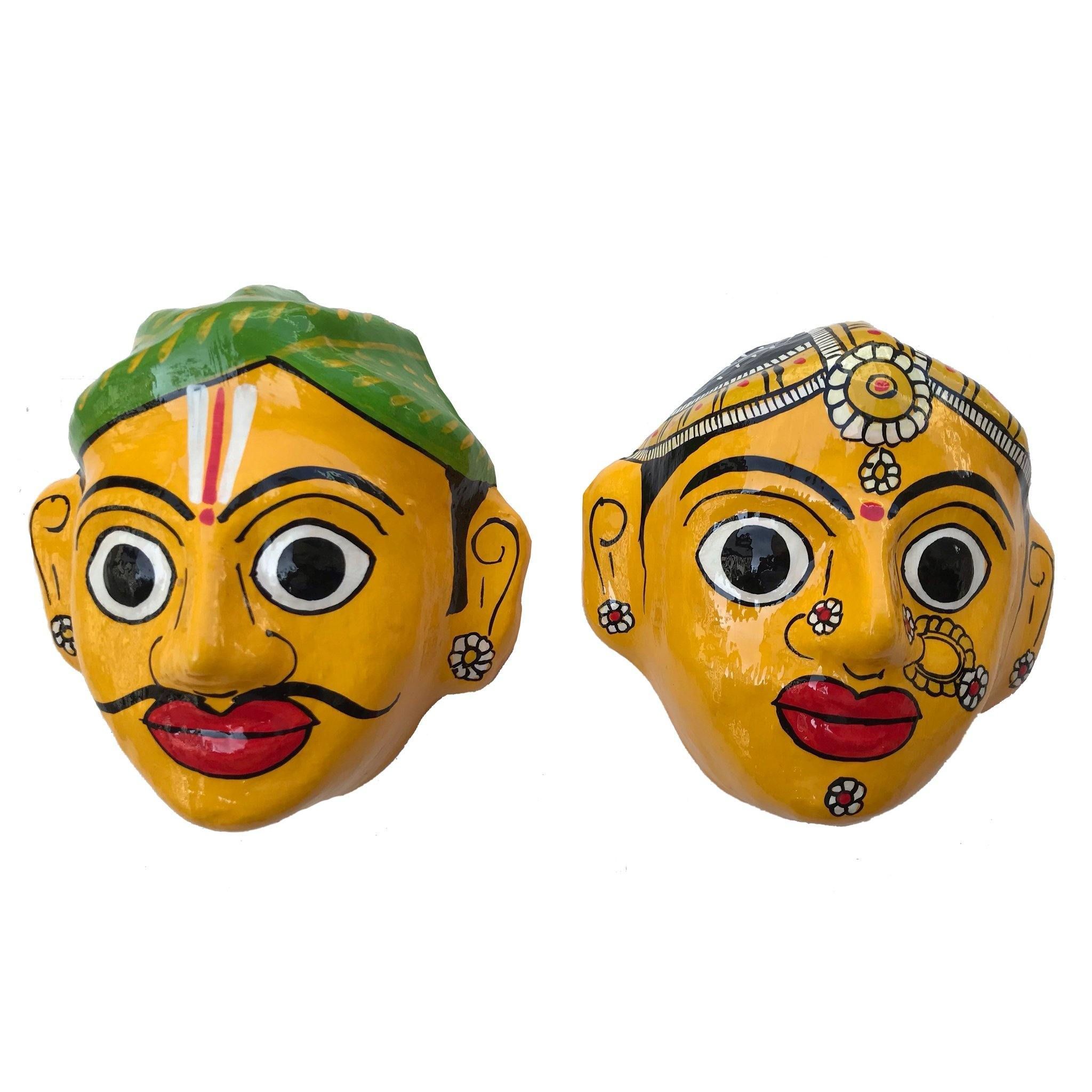 Handcrafted Cheriyal Mask of a Rural Couple|Yellow and Green