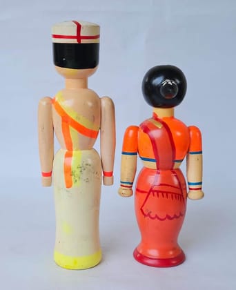 Vintage Indian Wooden Dolls, Hand-Painted Traditional Indian Couple Figurines