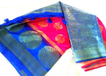 Pink &Blue &Peacock Color Butta Soft Silk Saree With Contrast Blouse