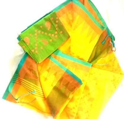 Yellow and Green Pure Handloom Cotton Saree With Blouse Piece