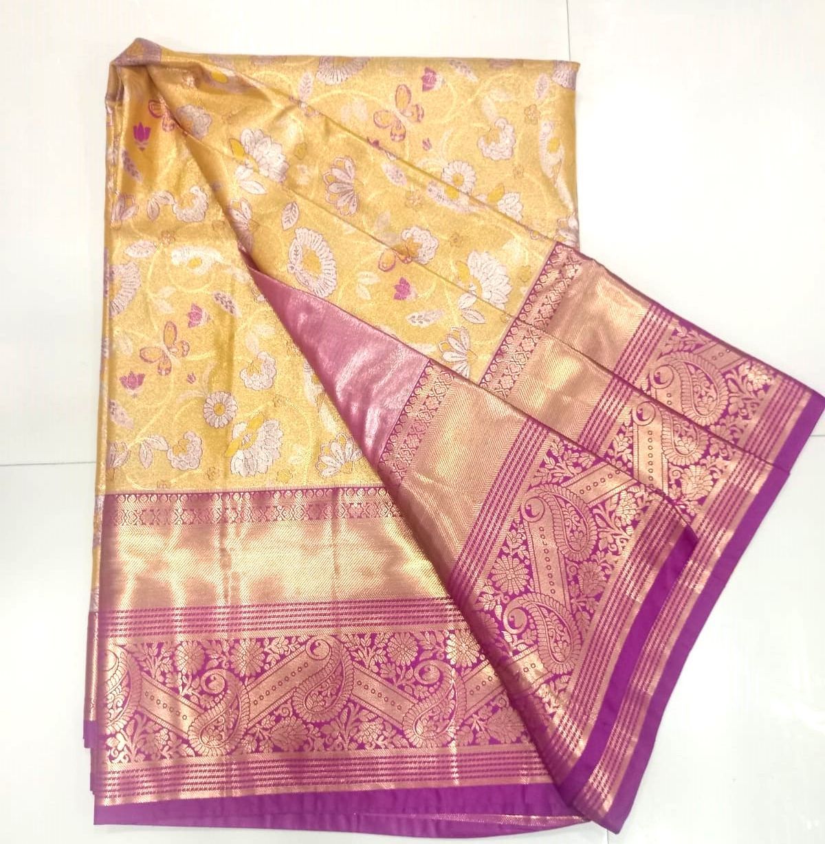 Yellow And Pink Floral Kanchi Pattu Saree With Blouse