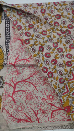 Kalamkaari Yellow and Red Floral Print Cotton Fabric by the Yard