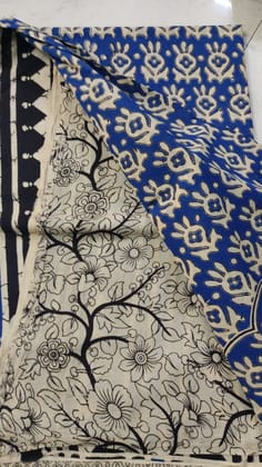 Blue and White Floral Hand Block Printed Kalamkaree Cotton Fabric