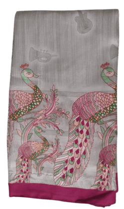 Graceful Grey Saree With Dancing Peacocks