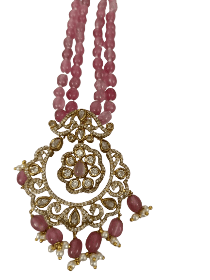 Pink Beaded Necklace with Gold and Diamond Pendant