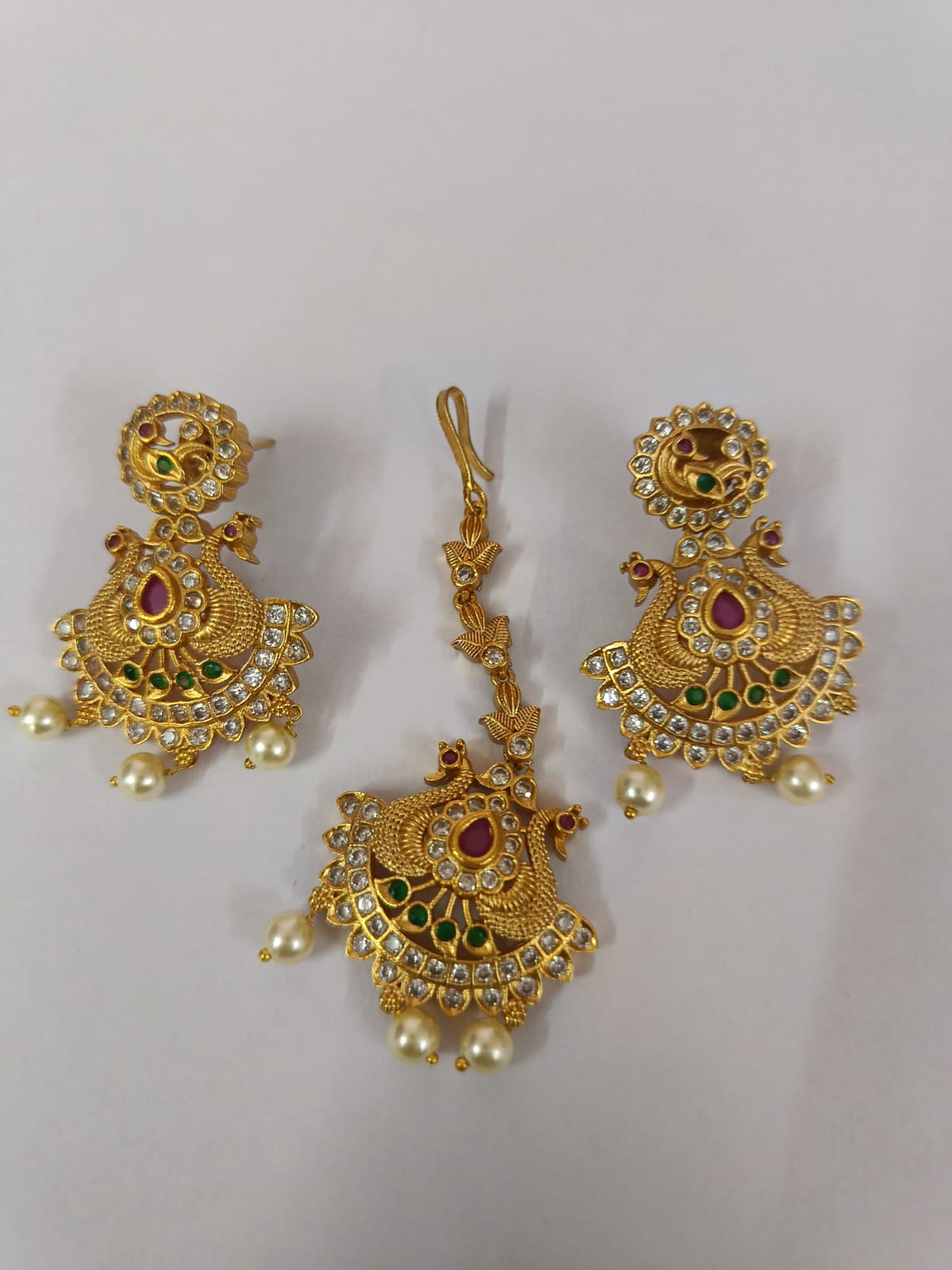 Bridal Gold Plated Antique Temple Jewellery Set With Ruby Stones