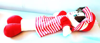 Cute and cuddly plush doll with red and white striped dress