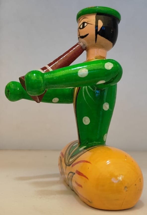 Vintage Indian Wooden Bobblehead Toy Man Playing Flute