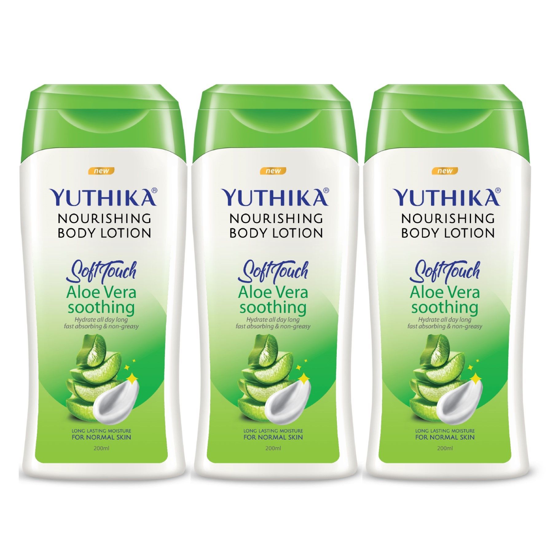 Yuthika Aloe Vera Body Lotion 200ml Pack of 3, Instant Hydration, Fast Absorbing & Long Lasting Nourishing Body Lotion