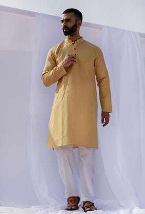 Set Of 2: Pastel Yellow Self Weave Cotton Kurta Pyjama Set-46