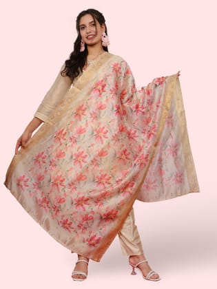 Women's Silk Kurta-Pant, and Dupatta Set-Beige / M