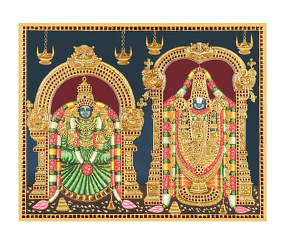 Padmavathi with Balaji Traditional Tanjore Painting By Authentic Handcrafted Method (Size 12x10)