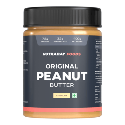 Nutrabay Foods Original Peanut Butter (Crunchy) - 400g | 100% Roasted Peanuts, 28g Protein, Zero Cholesterol, Vegan, Gluten Free, Non GMO