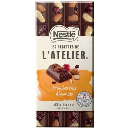 Nestle Les Recettes De L'atelier Cranberries Almonds Bar - 43% Cocoa Dark Noir, 170 gm