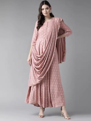 Pink & Golden Printed Maxi Dress With Attached Dupatta-S