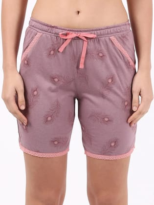 JOCKEY Women's Micro Modal Cotton Relaxed Fit Printed Shorts with Lace Trim Styled Side Pockets #RX10 | INEZY-Old Rose / S