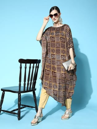 Rang Gali Bandhej Brown Kaftan Kurta With Dhoti Pants-S