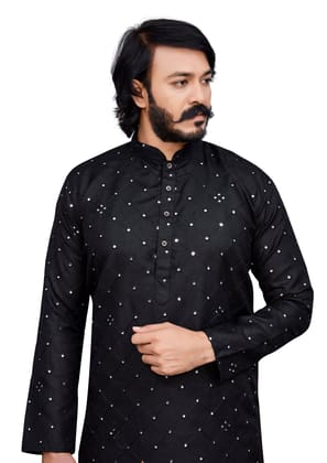 Black Men's Designer Kurta Mirror Embroidery worked (Only Kurta)-S / Black