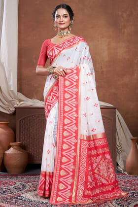 Red & White Chanderi Cotton Saree-Red