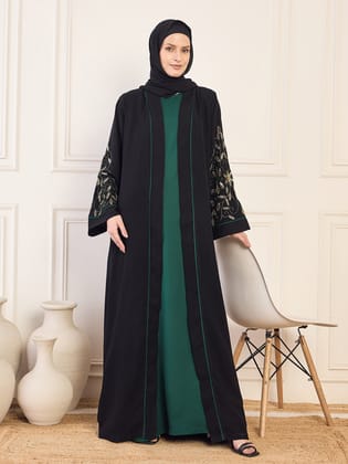 Nabia Black and Bottle Green Solid Luxury Handworked Abaya Burqa for Women with Black Hijab-XS / 56