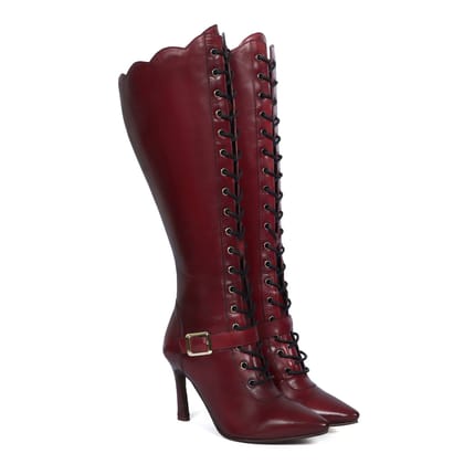 Wavy Cut Stiletto High Heels full Lace Up Zipper Closure With Buckle Wine Long Boots For Ladies By Brune & Bareskin-36/3