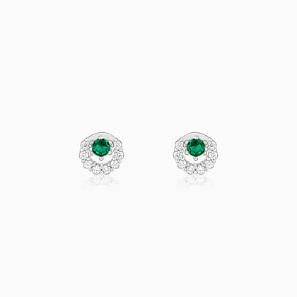 Silver Emerald Green Halo Stud Earrings