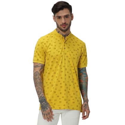Mufti Yellow Geometric Print Pique Henley