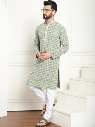 Sojanya (Since 1958) Men's Cotton Gold Embroidered Sequinned Pista Kurta With white churidar Pyjama-36