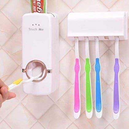 Modern Wall Mounted Plastic Dust Proof Automatic Toothpaste Dispenser and Detachable Hole 5 Toothbrush Holder