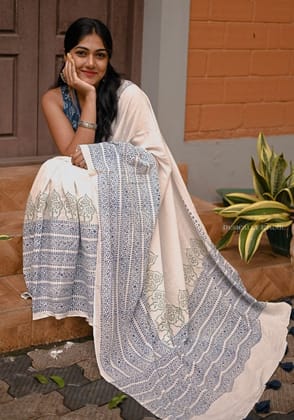 White with Blue and Green Block Printed Mul Cotton Saree with One side long border