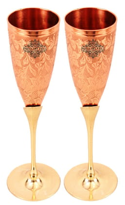 Indian Art Villa Set of 2 Copper Brass Leaf Designed Champange Glasses- 150ML each - Serving Champange, Wine - Hotels, Bars, Cocktail Parties, Tableware, Decorative