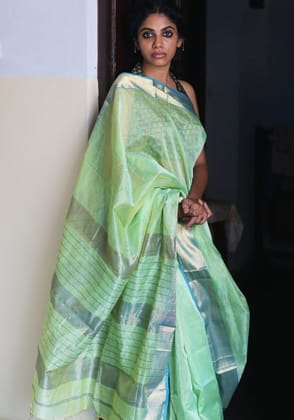 Light Green and Blue Tissue Maheshwari Saree