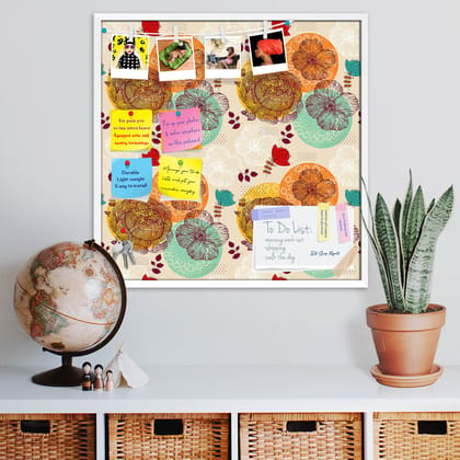 Floral Pattern D2 Bulletin Board Notice Pin Board Soft Board | Framed-White Frame / 24 x 24 inch (61 x 61 cms)