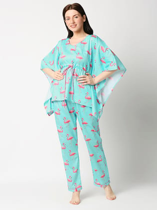 Pink Flamingo Kaftan Pj Set - Pure Cotton Pj Set in Kaftan Style-XS