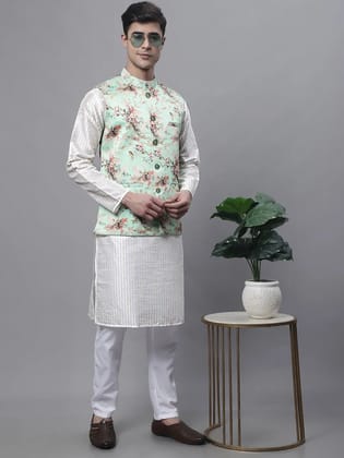 Men's Off White Embroidered Kurta Pyjama With Lime Printed Nehru Jacket-S / Green