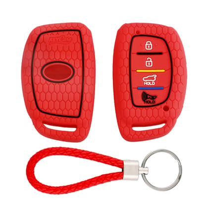 Keycare silicone key cover and keyring fit for : Venue, Elantra, Tucson, I20 N Line 2021, Creta 2020, i20 2020 Hyundai 4 button smart key (KC-30, KCMini Keyring)-Red